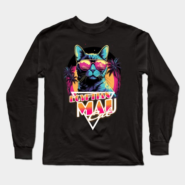 Retro Wave Egyptian Mau Cat Miami Shirt Long Sleeve T-Shirt by Miami Neon Designs